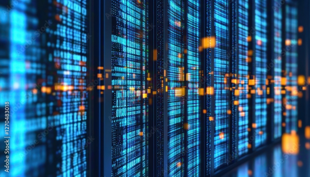 Poster abstract blue and orange data streams on server racks