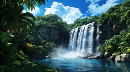 Obraz premium A breathtaking waterfall in a tropical rainforest, surrounded by vibrant green foliage, mist rising from the crashing water