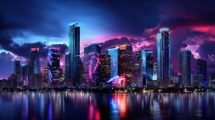 Fototapeta premium A city skyline at dusk, neon lights reflecting off glass skyscrapers, with deep purples, blues, and reds blending into the twilight sky.