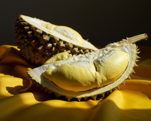 Fresh durian fruit on vibrant yellow background