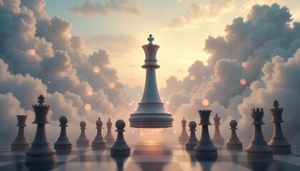 Glowing chess king on a board at sunrise, symbolizing new beginnings, vision, and success