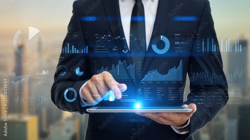 Poster businessman interacts with data visualizations displayed on a digital tablet