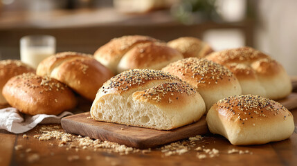 Fototapeta premium Freshly baked round loaves of bread with sesame seeds on wooden board, creating warm and inviting atmosphere. Perfect for sharing and enjoying with family