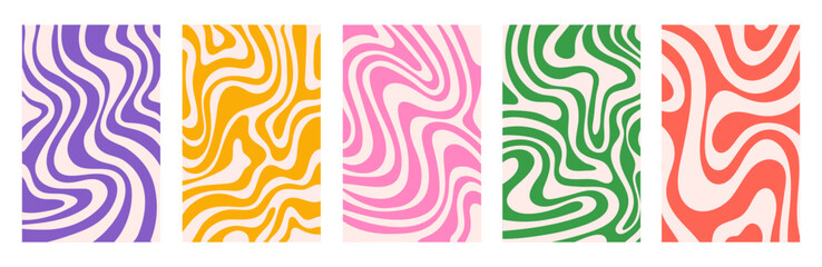 Abstract set vertical backgrounds with colorful waves. Trendy vector illustration in style retro 60s, 70s.