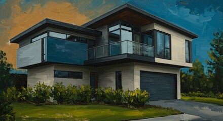 Obraz premium A modern two-story house with large glass windows, a sleek balcony, and a garage, surrounded by greenery under a dramatic sky. A blend of contemporary architecture and nature.