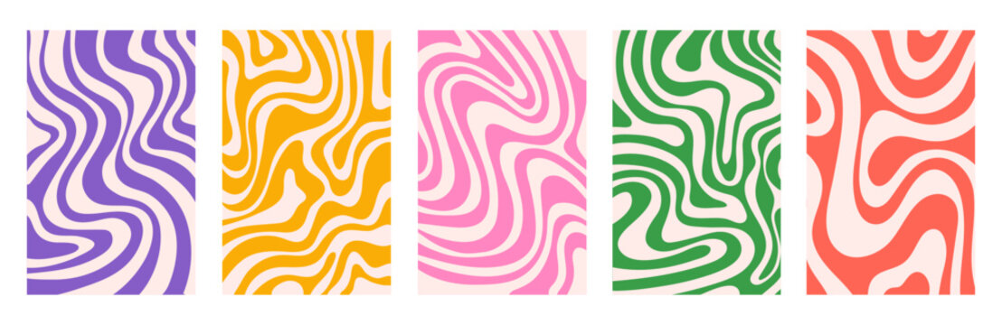 Abstract set vertical backgrounds with colorful waves. Trendy vector illustration in style retro 60s, 70s.