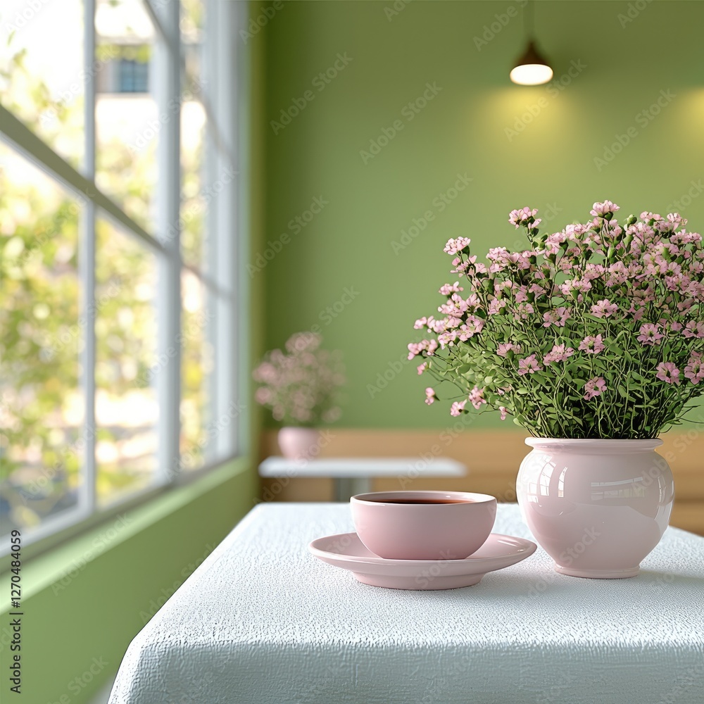 Poster white table top with green wall and window in the background, blurred. white tablecloth with pink fl
