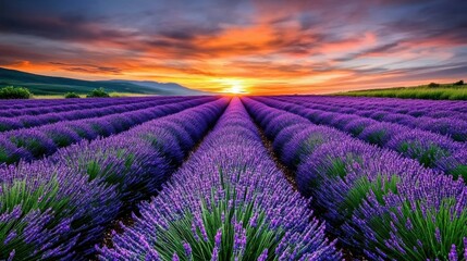 Obraz premium A dramatic sunset over a lavender field, where the sky bursts into a palette of deep pinks, fiery oranges, and rich purples.