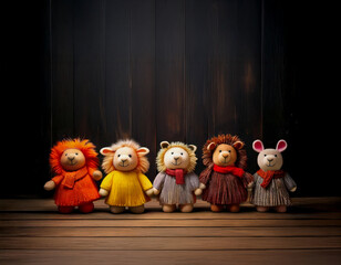 笑顔のぬいぐるみのライオンやウサギたち。木製のホワイトスペース。