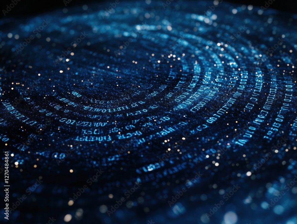 Poster abstract blue data vortex: glowing particles and digital text