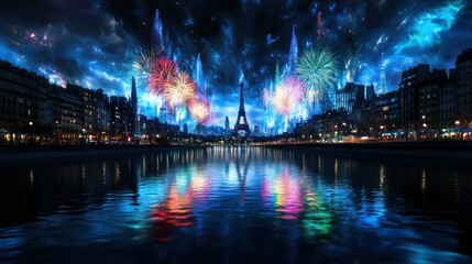 A fireworks display lighting up the night sky, with bursts of red, blue, green, and gold reflecting over a calm city river