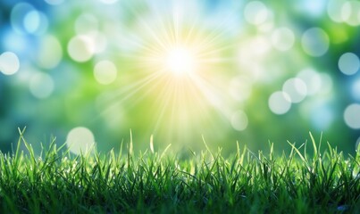Obraz premium Sunny spring grass bokeh background, nature