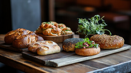 Freshly baked bread assortment on wooden table, featuring whole grain rolls, poppy seed bagels, and herb garnishes, creating warm and inviting atmosphere