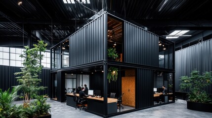 A group of people working inside a repurposed container office, with large windows and an industrial-chic interior design.