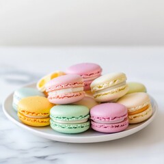 Obraz premium A vibrant plate of assorted macarons in pastel colors, beautifully displayed on a marble surface, Macarons centered