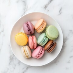 Fototapeta premium A vibrant plate of assorted macarons in pastel colors, beautifully displayed on a marble surface, Macarons centered