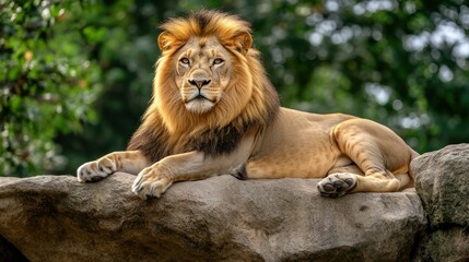 A lion resting on a rocky ledge, its golden mane illuminated by sunlight as it watches over its territory inside a zoo habitat.