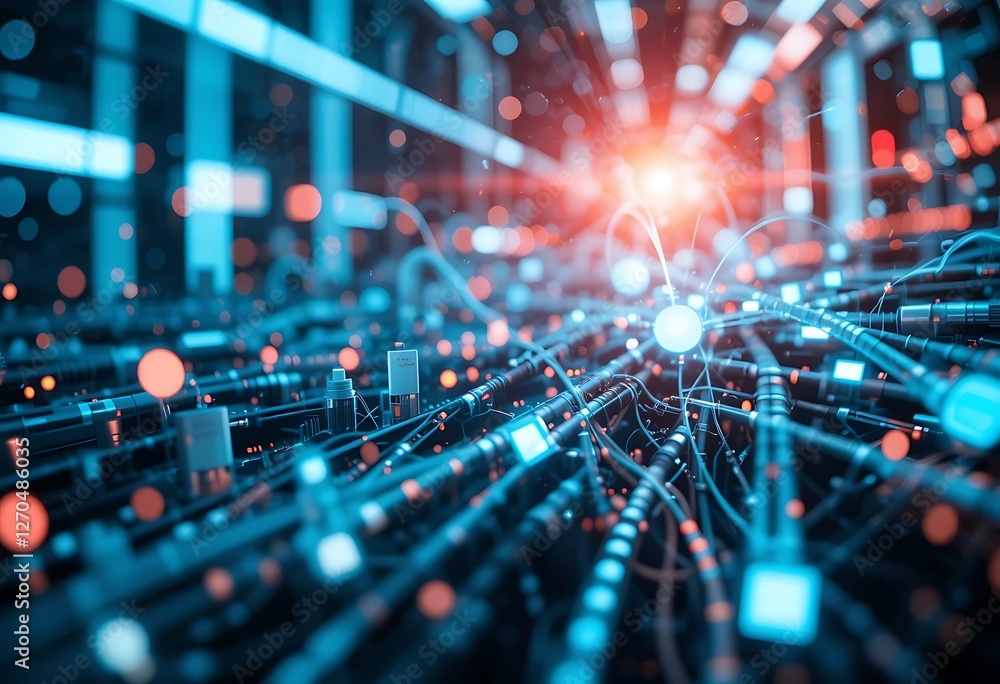 Poster interconnected network of cables and components illuminating future tech
