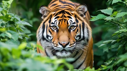 Fototapeta premium A majestic Bengal tiger walking through its lush, green zoo enclosure, its piercing eyes staring directly at the camera