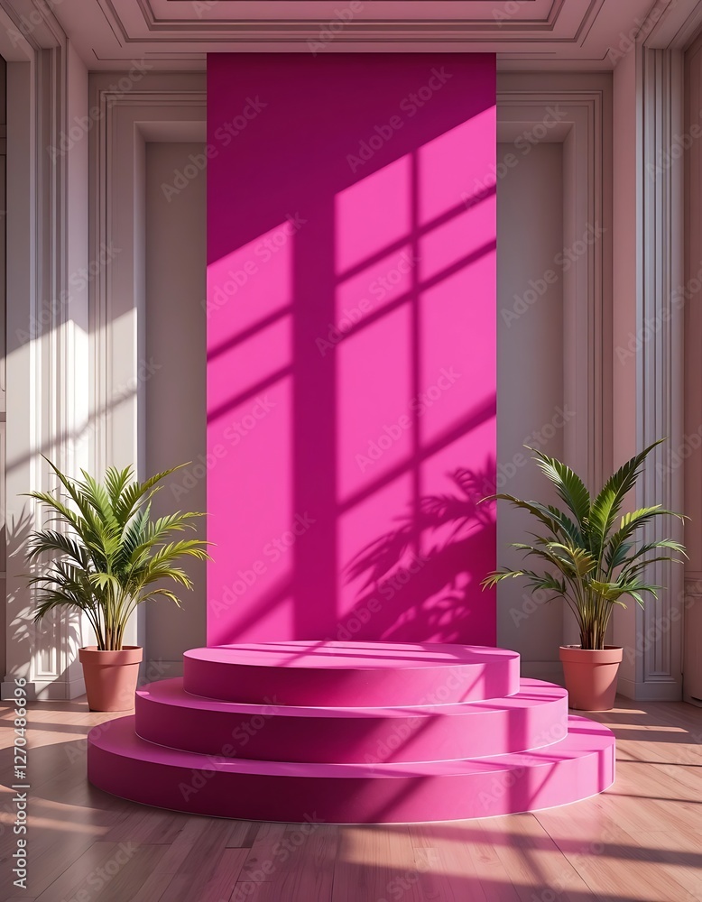 Poster Magenta Platform with Window Shadow and Plants for Product Display