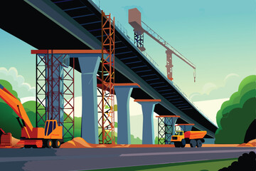 A detailed shot of a highway bridge under construction, showing extensive scaffolding, support beams, and workers.  Focus on the intricate details of the construction process.