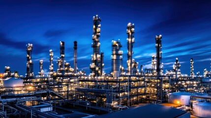 Fototapeta premium A night-time oil refinery illuminated by thousands of bright lights, with towering distillation columns and storage tanks visible under a deep blue sky.