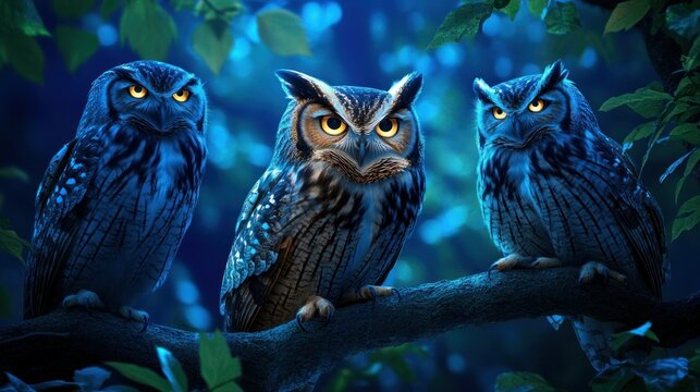 A nocturnal zoo exhibit featuring glowing-eyed owls perched on tree branches under dim, mysterious lighting
