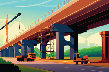 A majestic highway bridge under construction, showcasing intricate scaffolding and support structures against a partly cloudy sky.