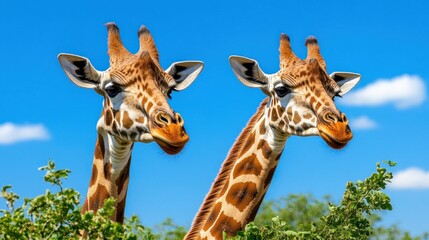 Fototapeta premium A pair of giraffes extending their long necks to nibble on tree leaves, their striking patterns standing out against a bright blue sky.