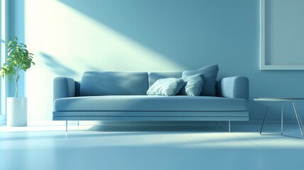 Modern living room with a blue sofa, embodying simplicity and contemporary design.