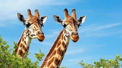 Fototapeta premium A pair of giraffes extending their long necks to nibble on tree leaves, their striking patterns standing out against a bright blue sky.
