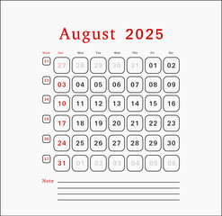 Letter calendar for August 2025. The week begins on Sunday. Time, planning, schedule concept, and includes notes. Flat design. Removable calendar for the month. Vector illustration.