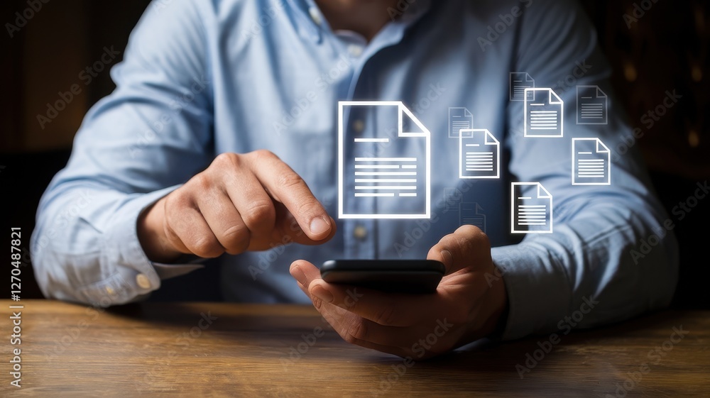 Aufkleber man interacting with document icons on his mobile device