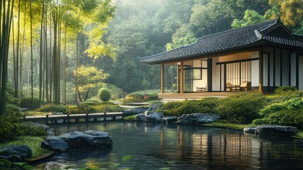 Obraz premium a Japanese tea house surrounded by a tranquil bamboo forest, offering a peaceful retreat