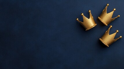January 6th Celebration with Three Gold Crowns on Blue Background for Dia de Reyes Magos: A Joyful Epiphany Day High Angle View Open Space Flat Lay Copy Space Image Place for Adding Text or Design