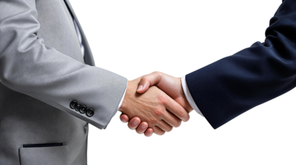 Business handshake closeup with two people in formal suits on a white background. Concept of partnership, agreement, and professional deal. Ai generative