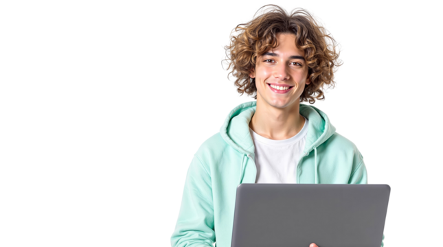 Happy young man with curly hair wearing mint hoodie holding laptop, smiling confidently, isolated on white background. Ai generative
