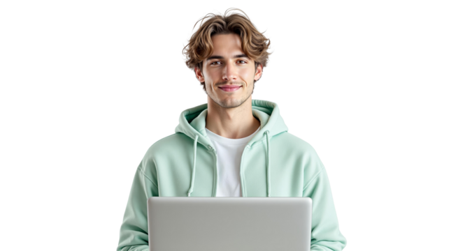 Smiling young man in mint green hoodie holding laptop, isolated on white background. Concept of technology, remote work, and modern lifestyle. Ai generative - Powered by Adobe