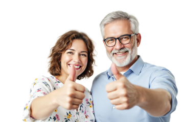 Cheerful senior couple giving thumbs-up, smiling joyfully, isolated on white background. Concept of happiness, positivity, and confidence. Ai generative