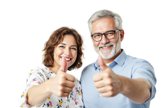 Cheerful senior couple giving thumbs-up, smiling joyfully, isolated on white background. Concept of happiness, positivity, and confidence. Ai generative