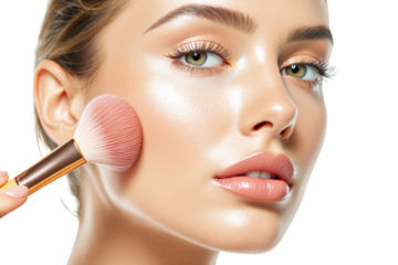 Woman applying makeup with soft brush on cheek, closeup on glowing skin, isolated on white background. Beauty and skincare concept. Ai generative
