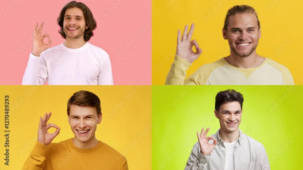Aufkleber four men from different backgrounds showcase the ok gesture, each filled with enthusiasm. they stand