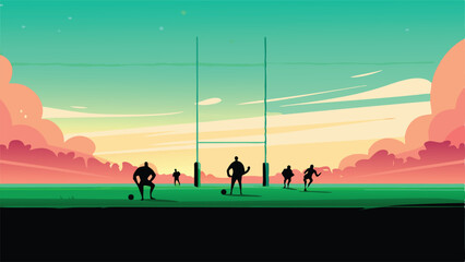Serene sunset casts long shadows across an empty rugby pitch, minimalist aesthetic.  Focus on the warm sunset hues and the lines of the field.