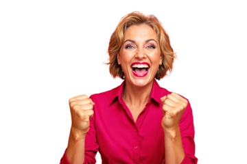 Happy woman in pink shirt cheering with excitement, isolated on white background. Concept of success, victory, and joy. Ai generative