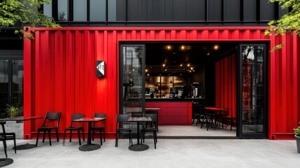 A vibrant red shipping container home converted into a stylish caf, featuring large glass doors and outdoor seating.