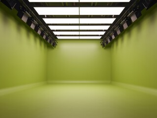 Fototapeta premium Empty Lime Green Studio with Professional Lighting Rig