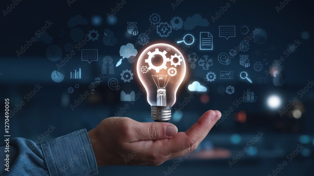 Poster light bulb with gears representing idea generation in business