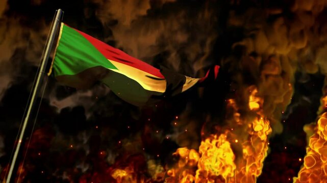 waving Sudan flag on burning fire bg - cataclysm concept