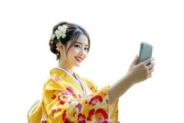 Woman in vibrant yellow kimono taking selfie, smiling, isolated on white background. Traditional attire with floral hair accessory. Ai generative