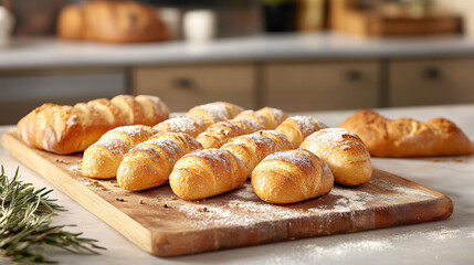 Freshly baked artisan breads arranged on wooden board, dusted with flour, showcasing variety of shapes and textures. Perfect for cozy meal or gathering